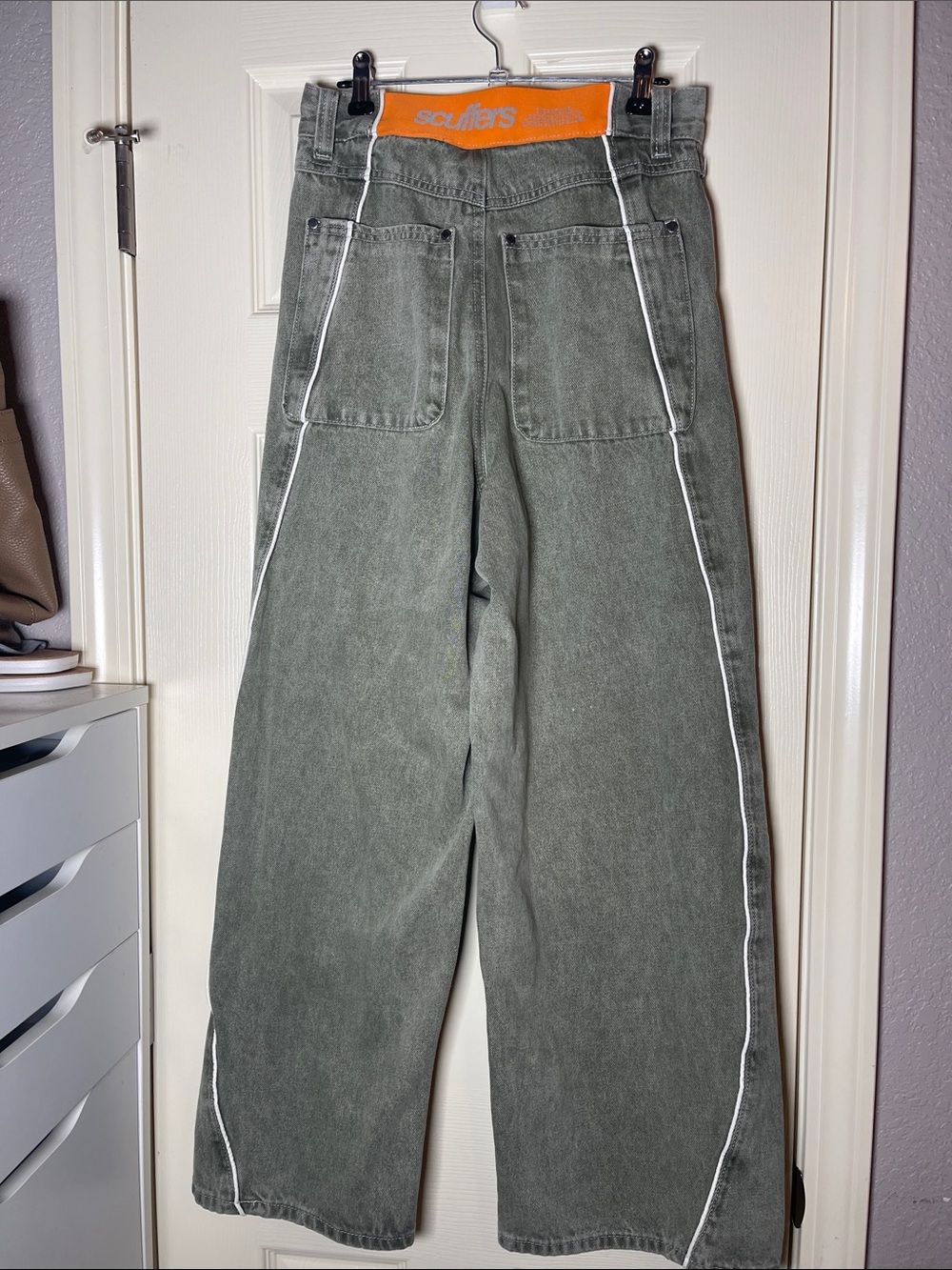 Sculters Olive Wide-Leg Jeans with White Piping